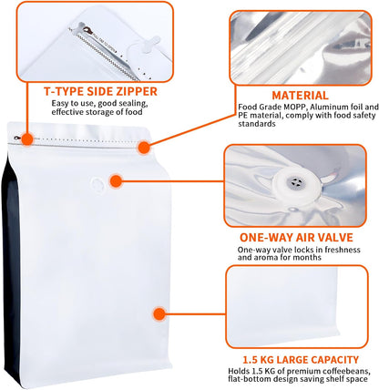 New 1.5 KG Large Capacity Coffee Bags with Valve (50 PCS) White Sides Black High Barrier Aluminum Foil Flat Bottom Standing Coffee Beans Storage Packaging Bags, Reusable Heat Seal Side Zipper Pouches