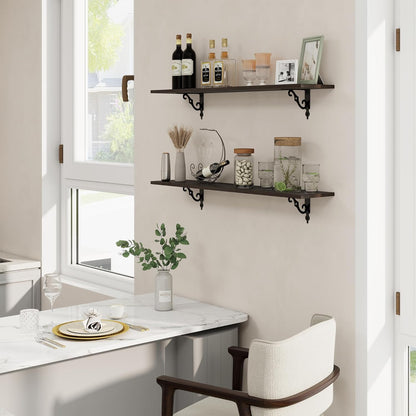 RICHFOCUS Floating Shelves for Wall Decor, 39.4W x 8D Wall Shelves Set of 2, 8 Inch Deep Rustic Wood Shelves Wall Mounted with Brackets, Long Floating Shelves for Living Room Bedroom Kitchen, Black