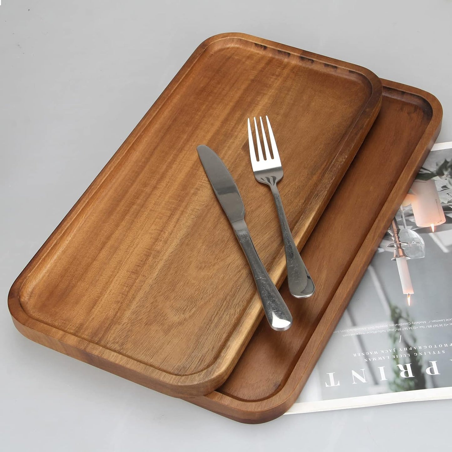2 Pcs Rectangular Serving Platters for Food Dish Party Wooden Charcuterie Boards 14" x 7" Acacia Wood Trays for Kitchen Counter Decor Rectangle Dessert Plates Cheese Board Snack Appetizer Platter