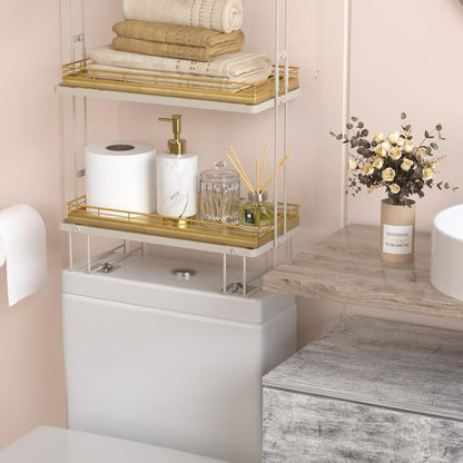 Oak Bathroom Toilet Tank Tray, 13" Wood Toilet Paper Storage Basket Back of Toilet Basket Organizer, Vanity Tray for Perfume Makeup Candle Kitchen Counter Coffee Table Decor, Gold