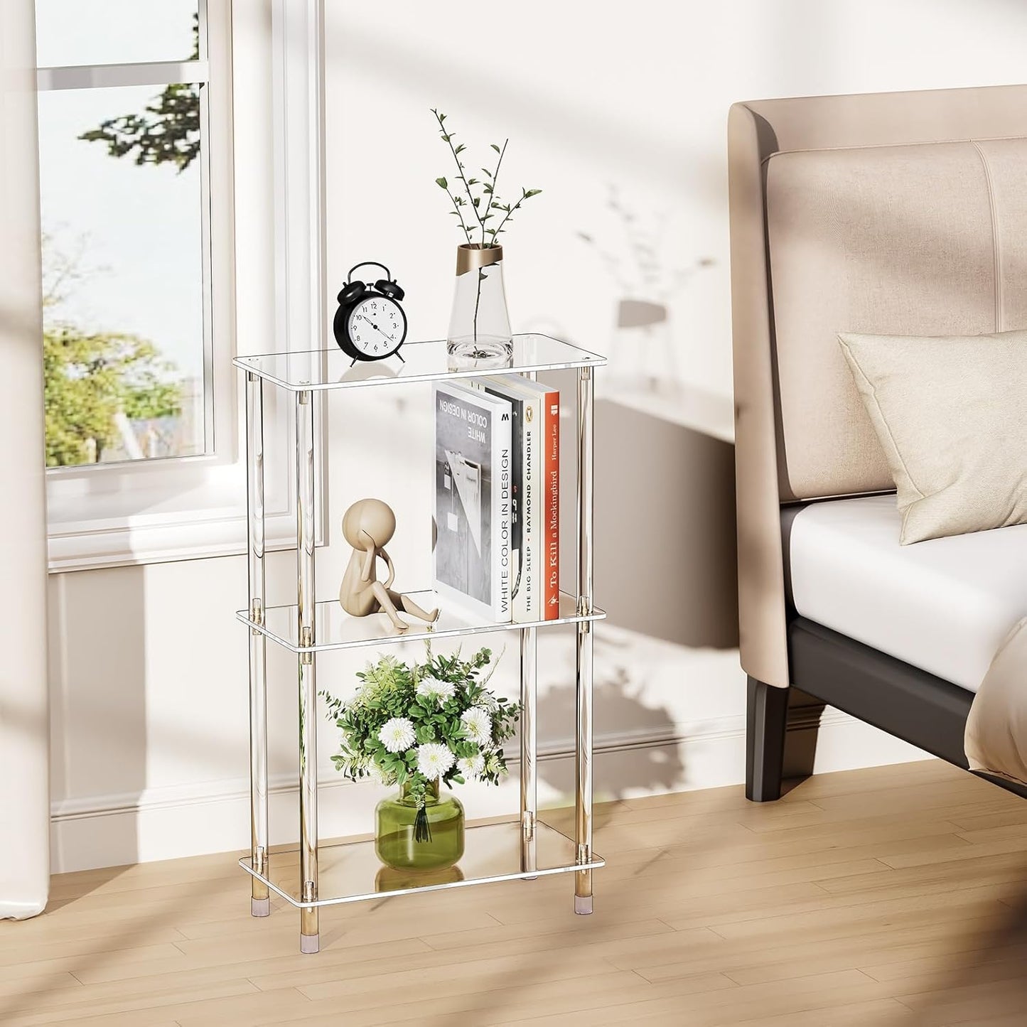 Clear Acrylic Narrow Side Table Set of 2 for Small Spaces, 15.75" L x 7.87" W x 26.7" H, 3 Tier Rectangle Slim End Table Nightstand, Small Mini Skinny Bedside Table for Bedroom, Living Room
