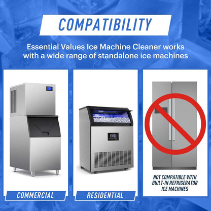 Essential Values 2-Pack Ice Machine Cleaner and Descaler 16 fl oz, Nickel Safe Descaler - Ice Maker Cleaner Compatible with All Major Brands (Scotsman, KitchenAid) - Manufactured in USA