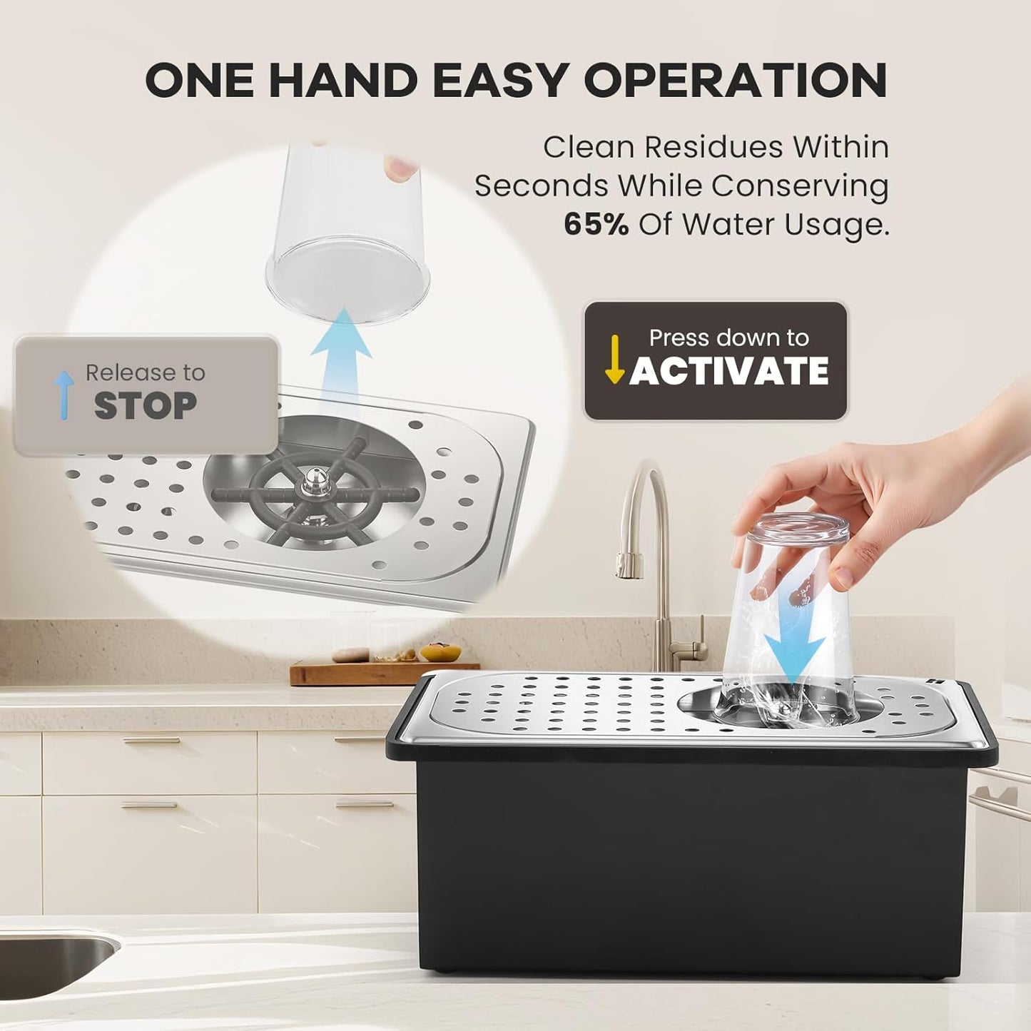 Huanyu Pitcher Rinser with Detachable Countertop Base | 360° Rotating High-Pressure Nozzle | Stainless Steel with Drain and Drip Tray | Auto Cup Cleaner for Home and Commercial | 13.39×7.68×5.43 in