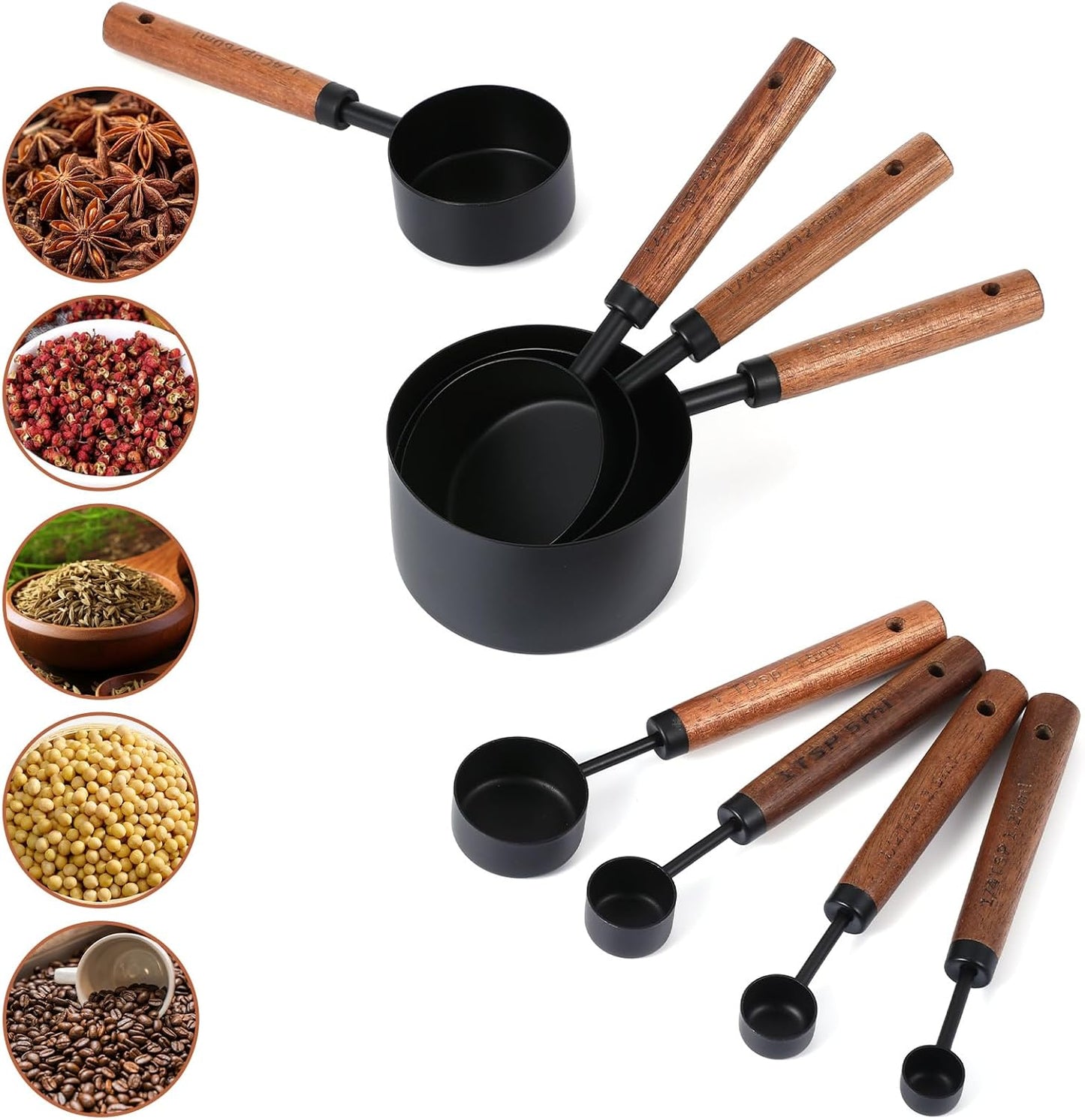 Stainless Steel Measuring Cups Set and Measuring Spoons Wooden Handle Metal Measure Cups and Spoons for Cooking and Baking, 8 Piece