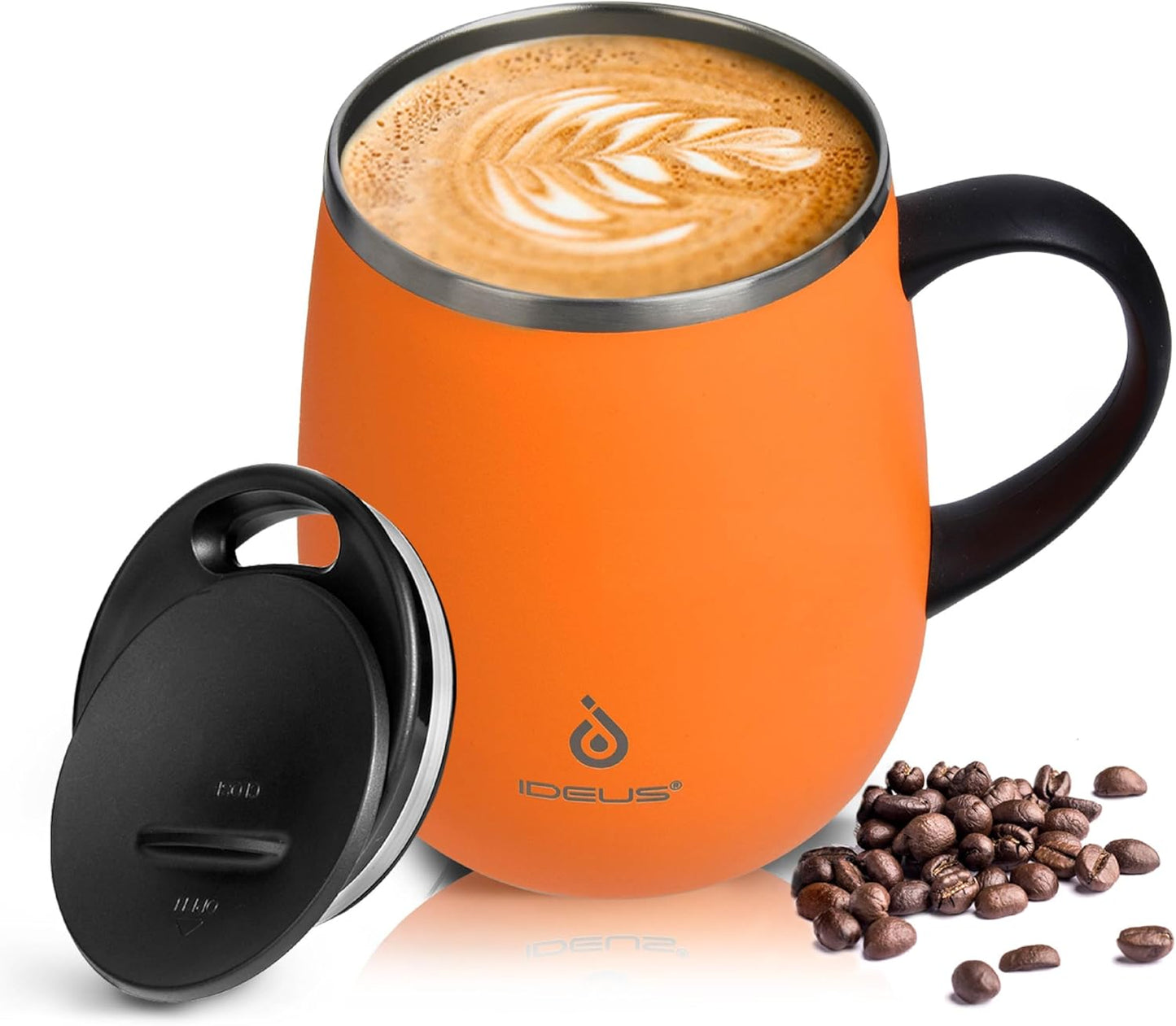 Ideus 16 oz Insulated Coffee Mug with Handle and Lid, Double Wall Stainless Steel Vacuum Thermal Coffee Mug, Travel Coffee Cup Thermal Cup for Home and Office, Orange Tiger