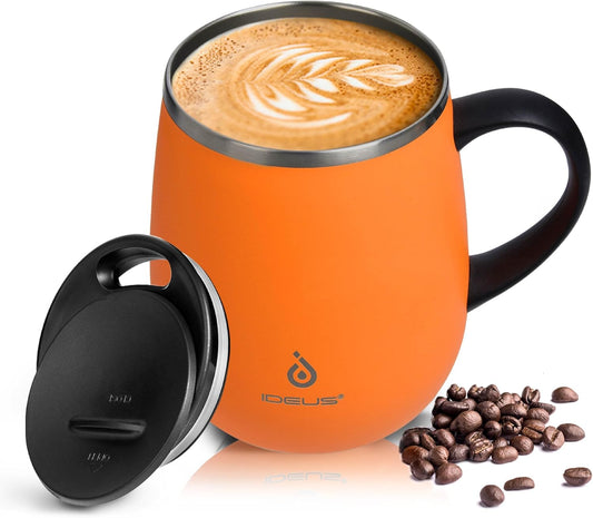 Ideus 16 oz Insulated Coffee Mug with Handle and Lid, Double Wall Stainless Steel Vacuum Thermal Coffee Mug, Travel Coffee Cup Thermal Cup for Home and Office, Orange Tiger