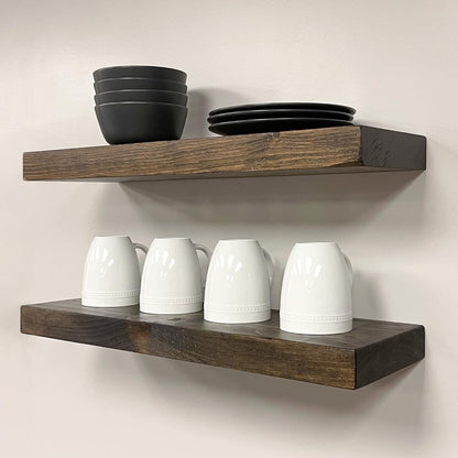 URBANDI, Rustic Floating Shelves, Set of 2, Hidden Bracket, Solid Wood, Heavy Duty, Wall Mounted Shelves, (Dark Brown, 48Wx8D)