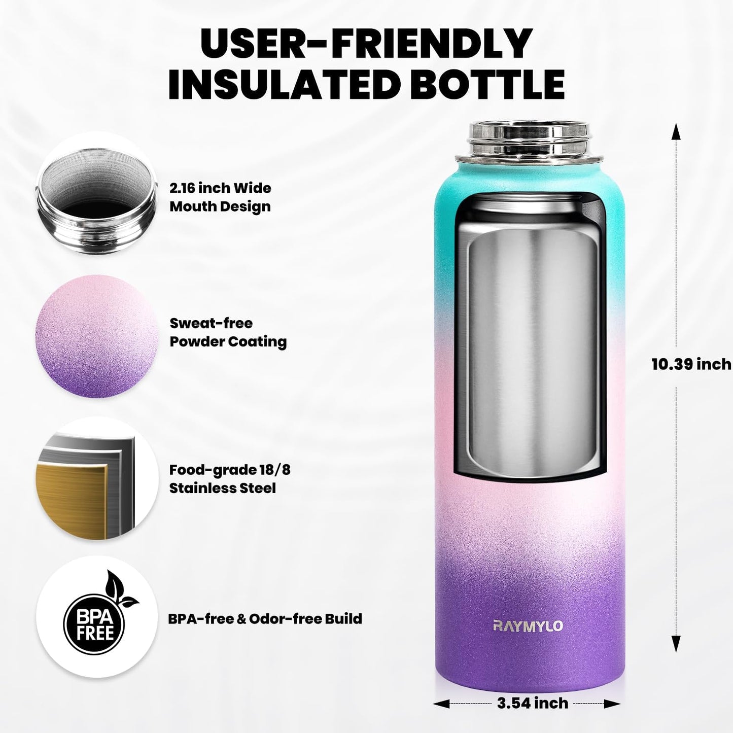 Insulated Water Bottle 40 oz, Triple Wall Vacuum Stainless Steel (Cold for 48 Hrs), Leak Proof & BPA-Free, Modern Water Flask Jug with Paracord Handle & Straw Spout Lids, Hydrangea