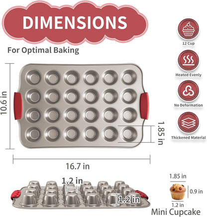 Mini Muffin Pan, 24 Tin Cupcake Pan, Nonstick Small Muffin Tray with Silicone Grip Handles, Durable Mini Cheesecake Cup Cake Pans for Baking, 2-PACK,Gold