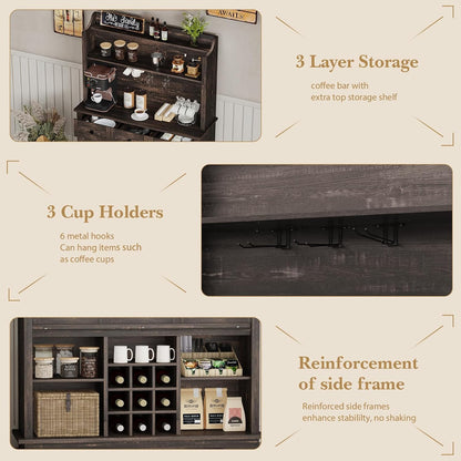 63 Inch Tall Coffee Bar Cabinet with 3-Tier Storage, Kitchen Hutch with 3 Drawers, Farmhouse Coffee Bar with 9 Racks & 3 Glass Holders, Wine Bar Cabinet for Living Dining Room, Oak