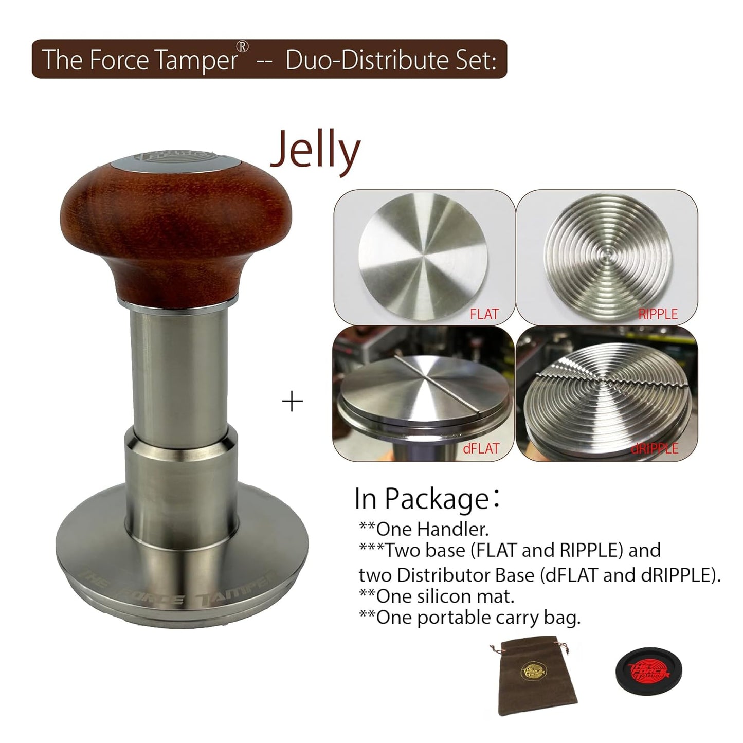 The Force Tamper Automatic Impact Adjustable Constant Pressure and Autoleveling Coffee Tamper Reddish Brown Jellyfish Wooden Handle Set Pro (Duo-Distribute Set, 58.35mm)