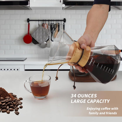 Mongdio 34oz/1000ml Pour Over Coffee Maker with Reusable Stainless Steel Filter and Wooden Collar Holder, 6-8 Cups Borosilicate Glass Coffee Maker for Camping Home, Clear