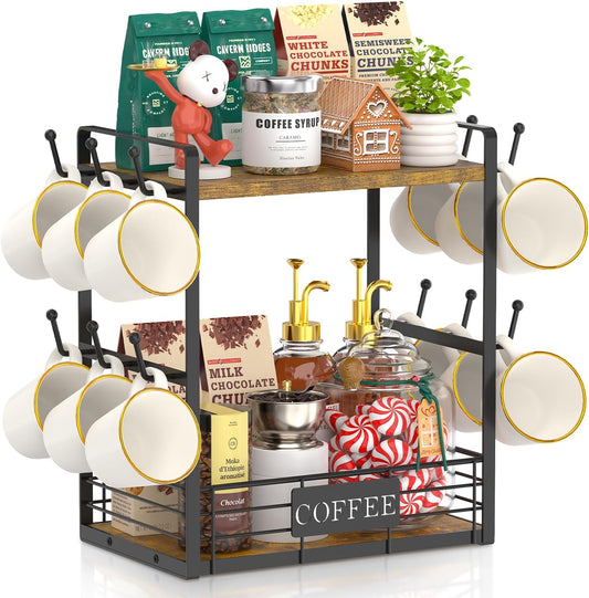 EsLuker.ly Coffee Mug Cup Holder Tree Bar Station Organizer, 2 Tier Mug Stand Rack for Countertop Kitchen, Storage Tower Display Shelf with 12 Hooks, Coffee Nook Enhancer, Vintage Brown Black
