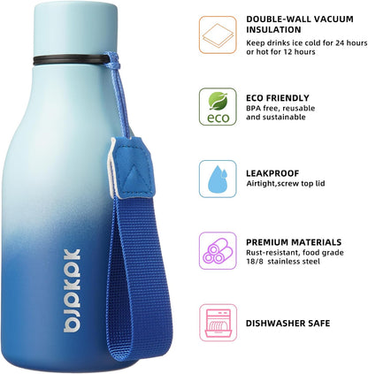 BJPKPK Insulated Water Bottles, 12oz Stainless Steel Metal Water Bottle with Strap, BPA Free Leak Proof Thermos, Mugs, Flasks, Reusable Water Bottle for Sports & Travel, Sky