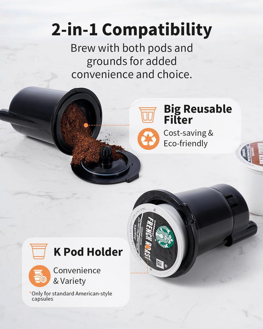 Hot & Iced Coffee Maker with Bold Setting, Single Serve Coffee Maker for K Cup and Grounds, 6-14 Oz Brew Sizes, 50 Oz Removable Water Tank, One Cup Coffee Machine with Reusable Filter, Black