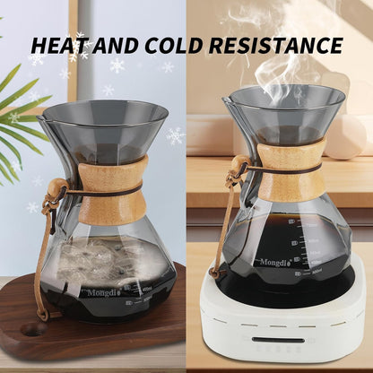 Mongdio 27 Oz Pour Over Coffee Maker with Stainless Steel Filter and Wooden Collar Holder, Borosilicate Glass Coffee Maker for Camping Home, 800ML/27OZ, Gray