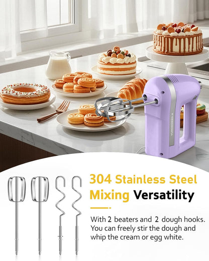 Electric Hand Mixer, Powerful 300W Hand Mixer Electric Handheld with 304 Beaters, Dough Hook,Hand Held Mixer with Turbo for Baking Cakes, Eggs, Cream Food(Purple)