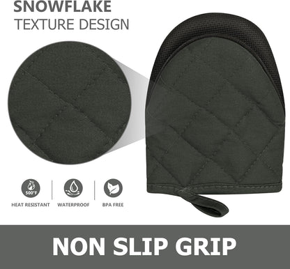 1 Pair Short Oven Mitts, Heat Resistant Silicone Kitchen Mini Oven Mitts for 500 Degrees, Non-Slip Grip Surfaces and Hanging Loop Gloves, Baking Grilling Barbecue Microwave Machine Washable (Gray)