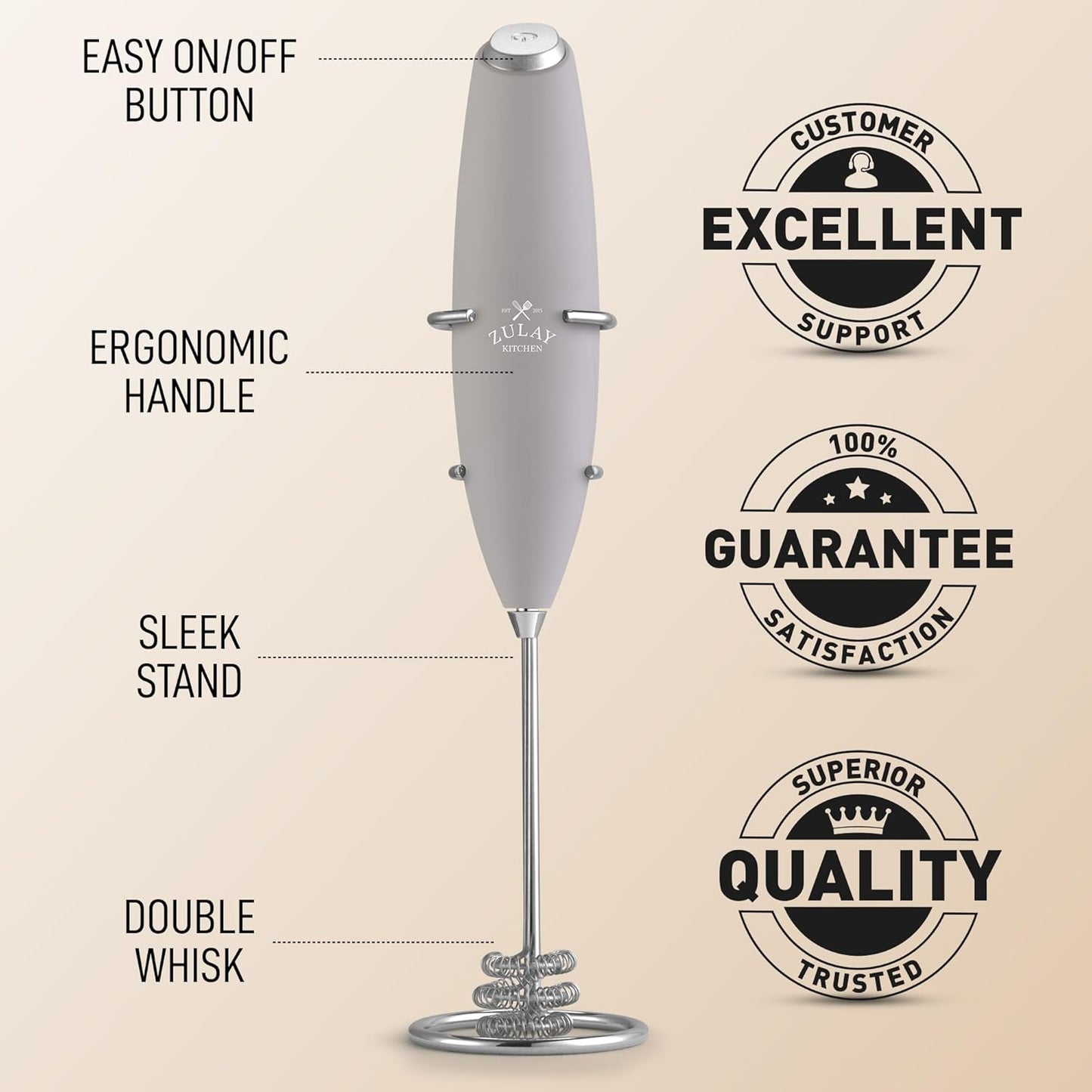 Zulay Kitchen Patented Tornado Triple Whisk Milk Frother with 4 Duracell Batteries – Handheld Foam Maker for Coffee, Lattes, Matcha & Hot Chocolate – Rich, Creamy Froth in Seconds