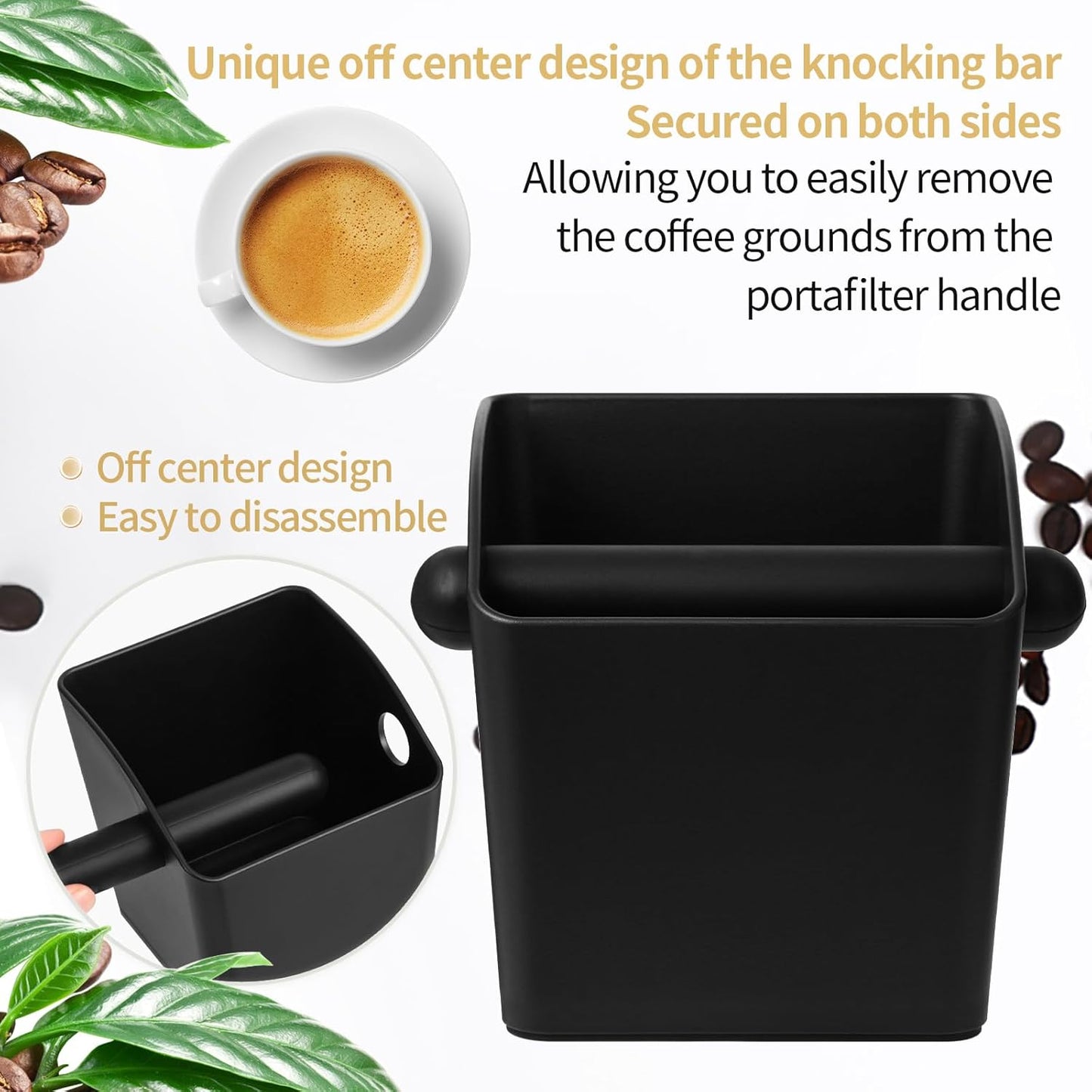 Large Square Knock Box Shock-absorbent Knock Box Espresso with Removable Knock Bar and Non-Slip Base Espresso Accessories for Home/Office (Large Black Knock Box with Tamper Mat)