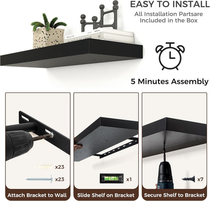 Floating Shelves - 2 Large Wall Mounted Shelves with Invisible Brackets, Long Wood Floating Wall Shelf for Living Room, Bedroom, Kitchen (Black, 48" W x 9" D x 1.5" H)