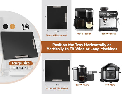 Joy&Grace Appliance Slider for Kitchen Appliances 360° Rolling Sliding Tray for Coffee Maker Countertop, Bamboo Coffee Pot Slider Rolling Tray with Universal Rollers (Black, Large 16"x13")