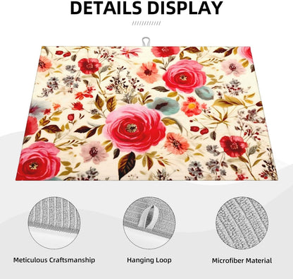 Large Dish Drying Mats For Kitchen Counter Microfiber Kitchen Drying Mat XL Draining Pad Absorbent Quick Drying Dish Mat 18x24 Inch - Floral Boho Flowers