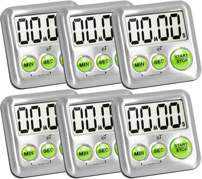 Elegant Digital Kitchen Timer Stainless Steel - Lime - Strong Magnetic Back - Kickstand - Loud Alarm - Large Display - Auto Memory - Auto Shut-Off - Model eT-25 (Lime 6-Pack) by eTradewinds