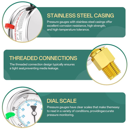 0-1000PSI Stainless Steel Liquid Filled Pressure Gauge, 2.5" Dial Size, 1/4" NPT Lower Mount, for Tube, Water Pump, Gas, Liquid, Pressure Test (with Range Mark Pointer)