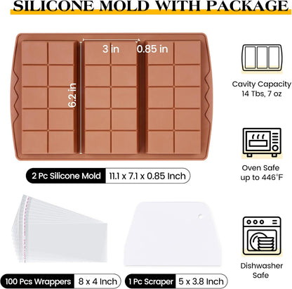 2 Pcs Chocolate Bar Molds Deep Large Chocolate Molds Silicone Break Apart Thick Silicone Molds for Candy Bar, With 100 Pcs Bags and 1 Pc Scraper Set (10 Snap）