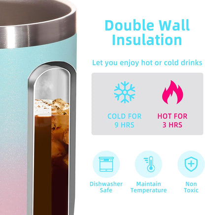 Volhoply 14oz Insulated Stainless Steel Coffee Mug with Lid Bulk 4 Pack,Double Wall Vacuum Travel Coffee Cup with Handle,Reusable Cups Tumbler,Camping Mugs Keep Hot,Ideal Gifts(Green Pink,4)