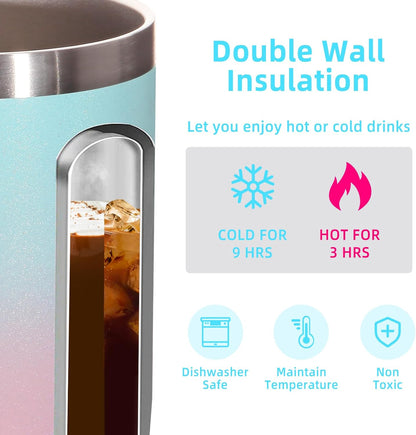 Volhoply 14oz Insulated Stainless Steel Coffee Mug with Leakproof Lid,Double Wall Vacuum Travel Coffee Cup with Handle, Reusable Cups Tumbler,Camping Mugs Keep Hot, Ideal Gifts(Green Pink,1 Set)