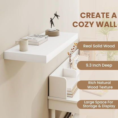 Fun Memories White Floating Shelves for Wall, 16 x 9 Inch Floating Shelf Set of 2, Rustic Natural Wood Wall Shelves, 9" Deep White Bathroom Shelves for Storage & Display