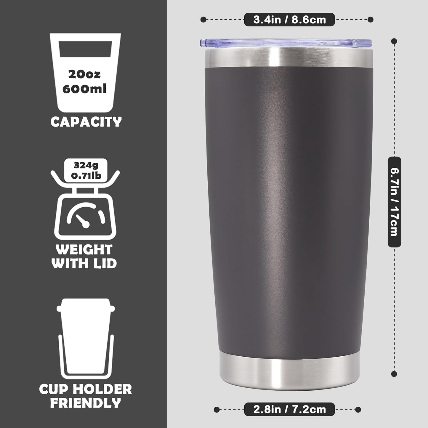 20oz Tumbler Stainless Steel Tumbler Cup with Lid Vacuum Insulated Double Wall Travel Mug, Durable Powder Coated Travel Coffee Tumbler Mug for Hot & Cold Drinks, Grey,1 Pack