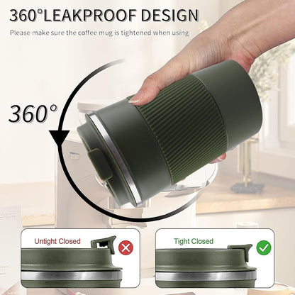 YINBAOGE Insulated Travel Coffee Mug Spill Proof Leak Proof Pobtable To Go Camping Stainless Steel Coffee Tumbler Reusable Coffee Cups with Lids Thermos for Hot and Cold Drink (Green, 12 OZ)