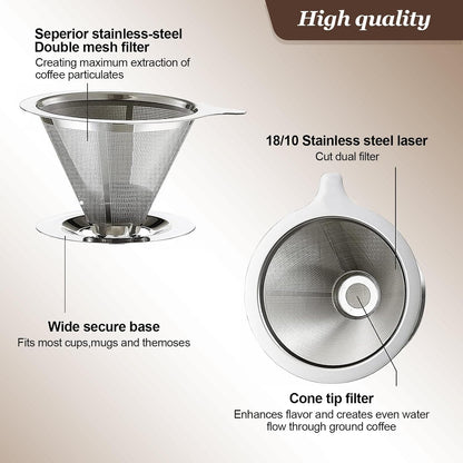 Pour Over Coffee Dripper, Slow Drip Paperless Coffee Filter, Pour Over Coffee Maker for 1-2Cups Brew, Double Mesh Design of Manual Reusable Cone Filter