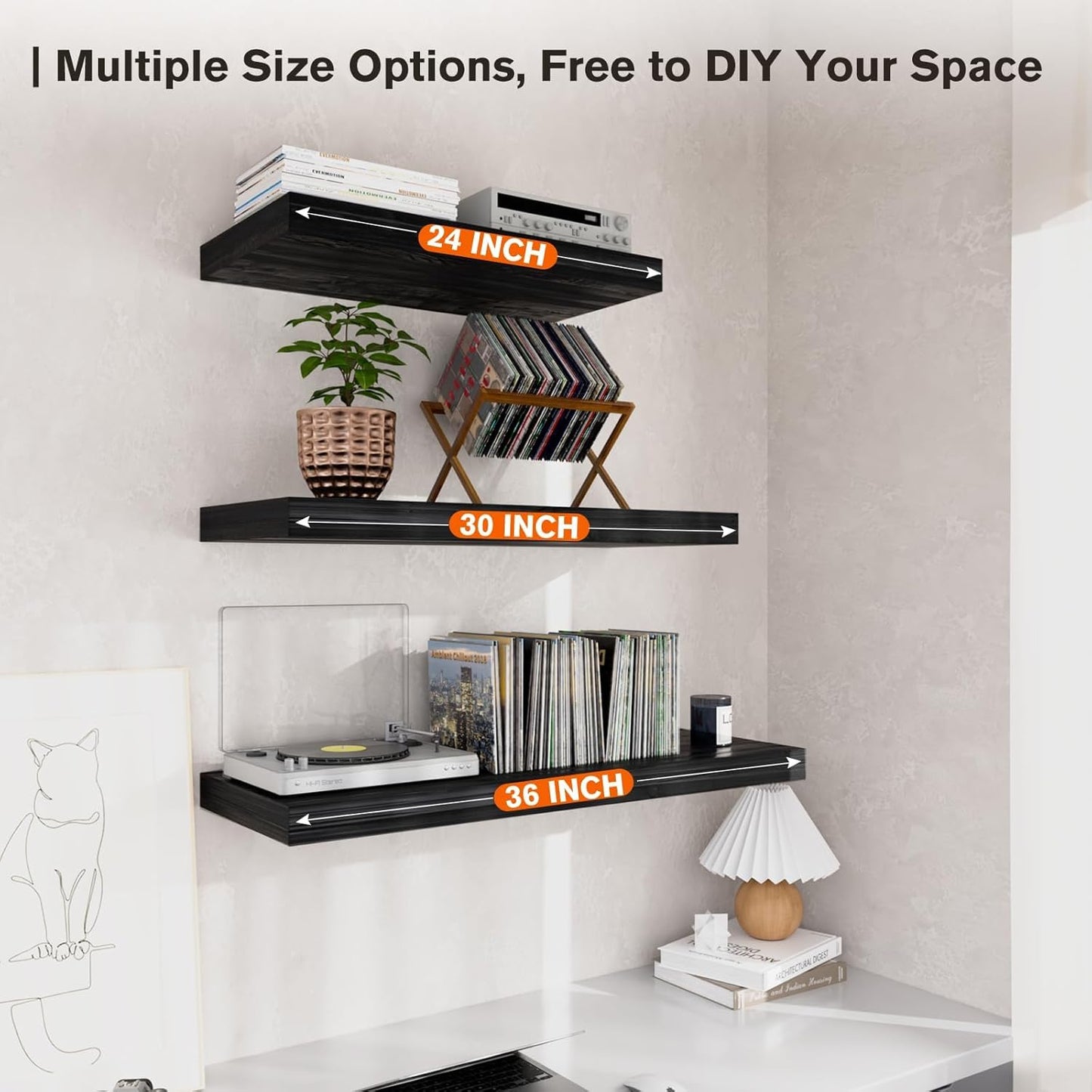 Floating Shelf, Set of 1 Wall Shelf, 24 in W x 12.75 in D x 2 in H Wooden Floating Wall Shelf with Invisible Brackets for Living Room/Bedroom/Bathroom/Kitchen Storage and Decor, Black Wood