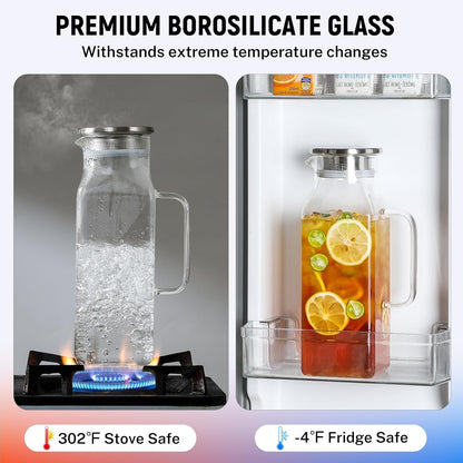 Netany 4 Pack 2 Liters/68 oz Square Glass Pitcher with Lid and Handle for Fridge, Iced Tea and Coffee Carafe Beverage Serveware, Heat Resistant Borosilicate Water Jug for Hot/Cold Drinks and Milk