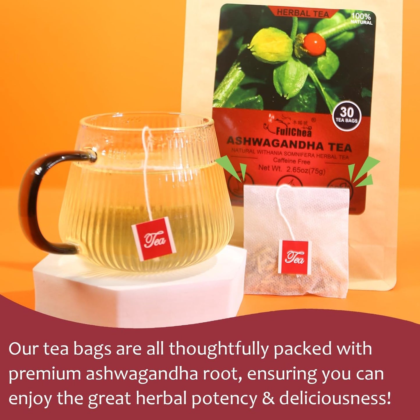 FullChea - Ashwagandha Tea, 2.5g X 30 Count - Sourced from India - Premium Natural Dried Cut & Sifted Root - Non-GMO - Caffeine-free - Rich in Antioxidants & Boost Energy