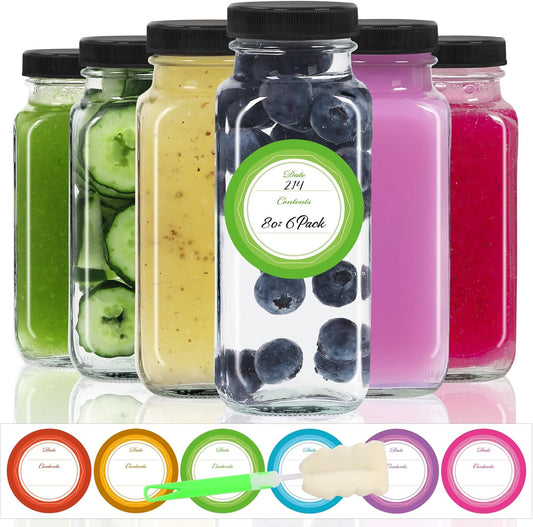 STARSIDE 8 oz Glass Juice Bottles with Lids 6 Pack - Square Reusable Drinking Jars for Juicing, Milk, Kombucha - Includes 1 Bottle Brush, 6 Colored Labels