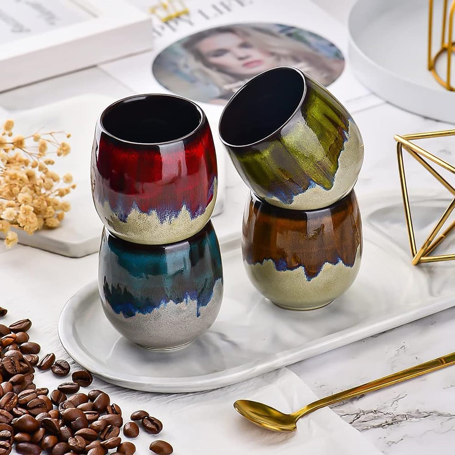 Ceramic Mini Espresso Cups Set of 4, 3 oz Espresso Mugs, Porcelain Coffee Mugs Demitasse Cups, Modern Style Handless, Microwave Dishwasher Safe (Morandi Color)