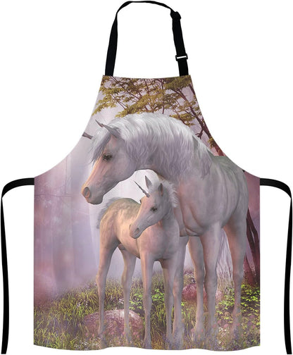 Fantasy Unicorn Adjustable Bib Apron,Unicorns Mare and Foal Cooking Kitchen Apron for Men Women