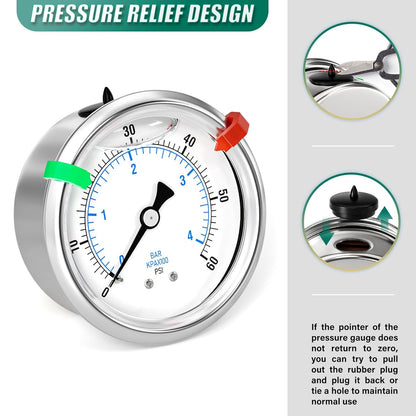 0-60psi Stainless Steel Glycerin Liquid Filled Pressure Gauge 1/4" NPT 2.5" Face Dial Center Back Mount, for Water, Oil and Air Pressure Testing (with Range Mark Pointer)