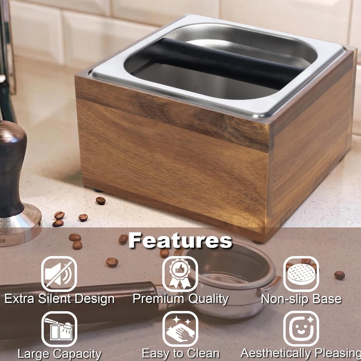 Knock Box Espresso - Coffee Knock Box and Tamp Station for Espresso Coffee Grounds Puck, Tamping Station Large Capacity Non-Slip Base Stainless Steel Dump Bin Barist Tools Quiet Design