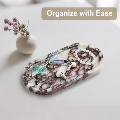 Natural Marble Vanity Tray - Moujings Genuine Marble Perfume Tray for Bathroom Decor, Stone Bathroom Vanity Organizer Tray for Kitchen Counter, Candles, Jewelry, Coffee, Makeup, Key