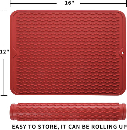 Silicone Dish Drying Mat for Multiple Usage,Easy clean,Eco-friendly,Heat-resistant Silicone Mat for Kitchen Counter or Sink,Refrigerator or drawer liner Red L 16 inches x 12 inches