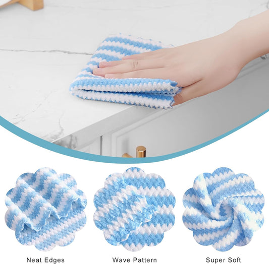 Homaxy 12 Pack Kitchen Dish Cloths, Ultra Soft and Absorbent Dish Towels, Reusable Fast Drying Microfiber Cleaning Cloth, Coral Velvet Wave Design No-lint, 10 x 10 inches, Blue