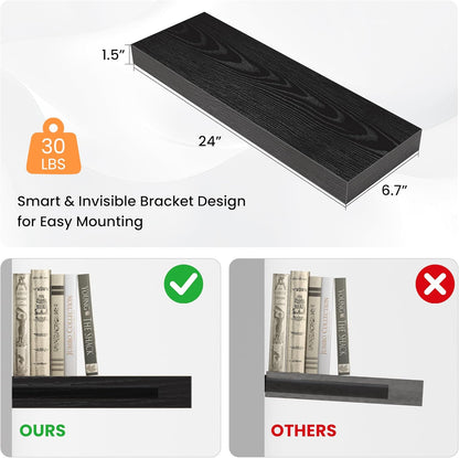 Floating Shelves for Wall, 24" W x 6.7" D x 1.5" H, Wooden Wall Mounted Display Shelves with Invisible Brackets for Living Room, Bedroom, Bathroom, Kitchen Decor and Storage, Set of 2, Black