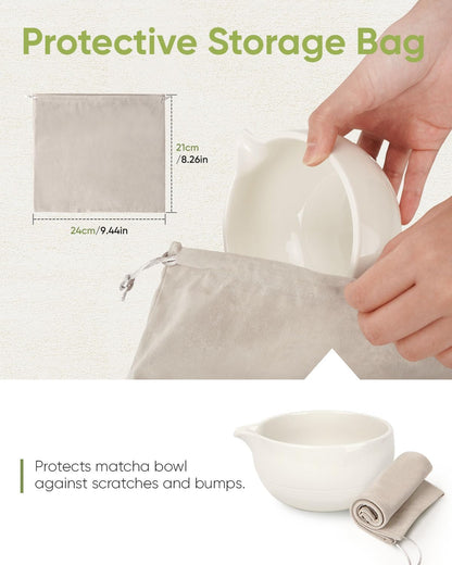 Traditional Matcha Bowl with Spout, Ceramic Matcha Tea Bowl (Chawan), Matcha Mixing Bowl for Whisking Matcha, Ivory White (18 Ounce)