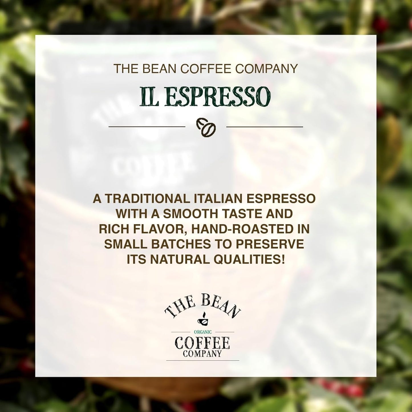 The Bean Organic Coffee Company Il Espresso, Dark Roast, Whole Bean Coffee, 16-Ounce Bag
